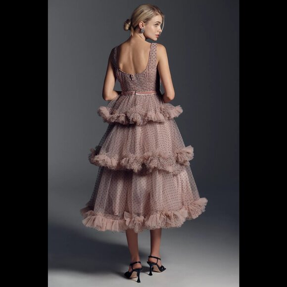 Mac Duggal 20776 Size 4 6 Pink Black Polka Dot Tulle Tiered Ruffle Midi Dress - Picture 2 of 5